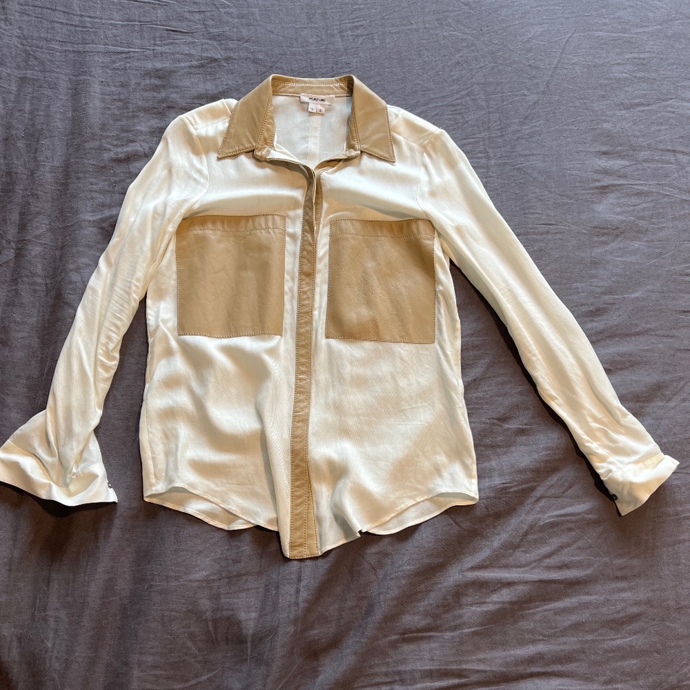 Cream button down shirt with leather detailing by Helmut Lang